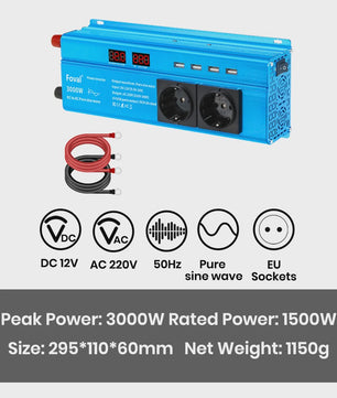 Pure Sine Wave Omvormer 12V DC naar 230V AC - 1500W tot 3000W met EU Stopcontact & USB