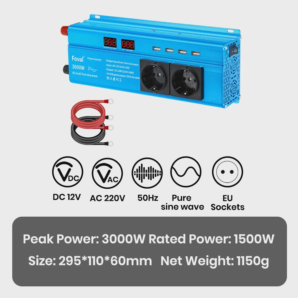 Pure Sine Wave Omvormer 12V DC naar 230V AC - 1500W tot 3000W met EU Stopcontact & USB