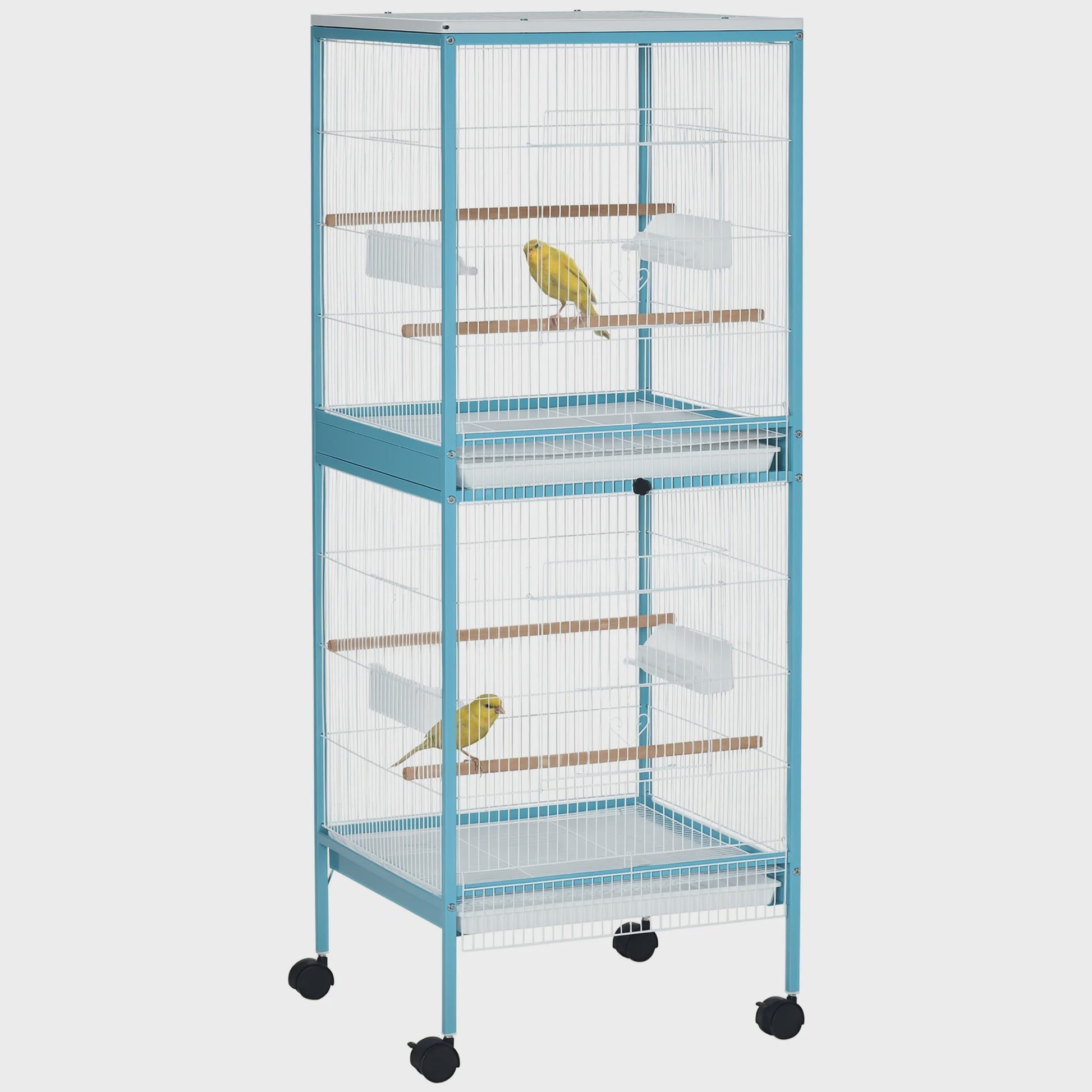 Ruime Tweelaagse Vogelkooi met Wielen en Uitneembare Trays - Blauw