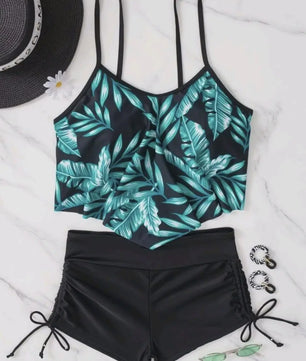 Dames Bikini Set met Hoge Taille en Bladprint - Zomerse Strandkleding