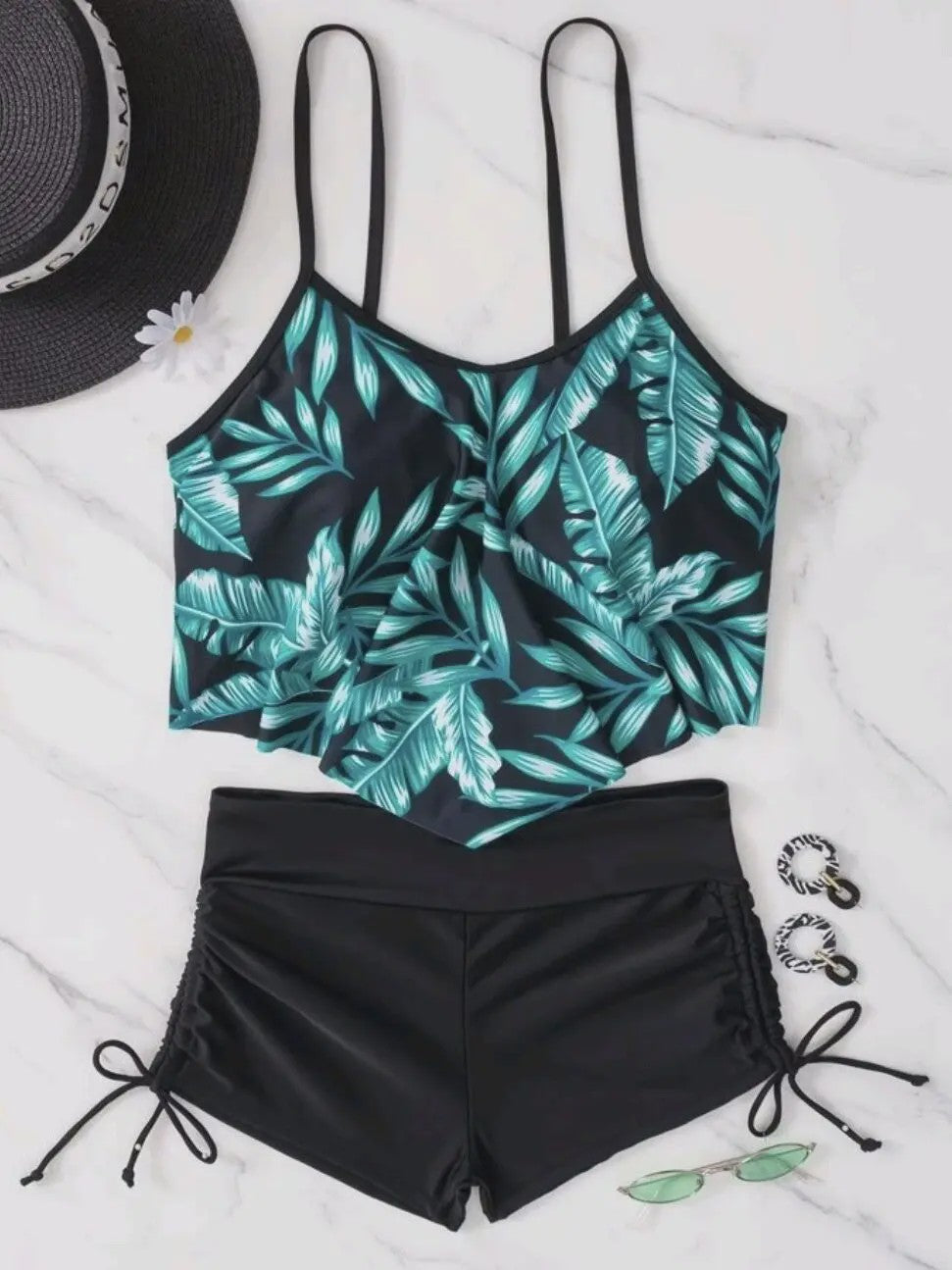 Dames Bikini Set met Hoge Taille en Bladprint - Zomerse Strandkleding
