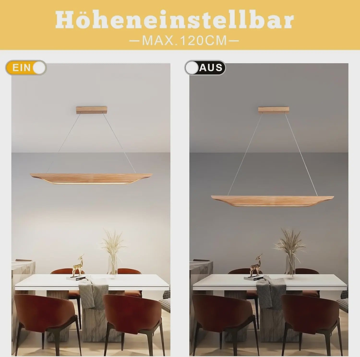 Moderne Houten LED Pendellamp 90cm - Dimbare Hanglamp met Afstandsbediening voor Eettafel, Woonkamer, Keuken