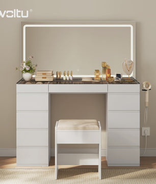 Luxe Kaptafel met Spiegel, Verstelbare LED Verlichting en 11 Lades - Perfect voor Slaapkamer