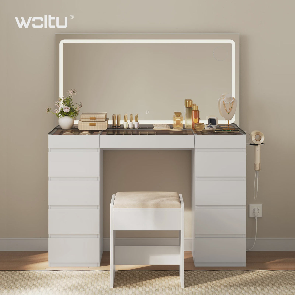 Luxe Kaptafel met Spiegel, Verstelbare LED Verlichting en 11 Lades - Perfect voor Slaapkamer