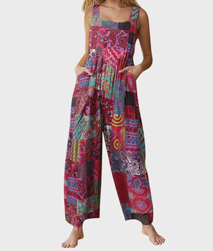 Zomerse Dames Jumpsuit met Etnische Print, Vierkante Hals en Zakken