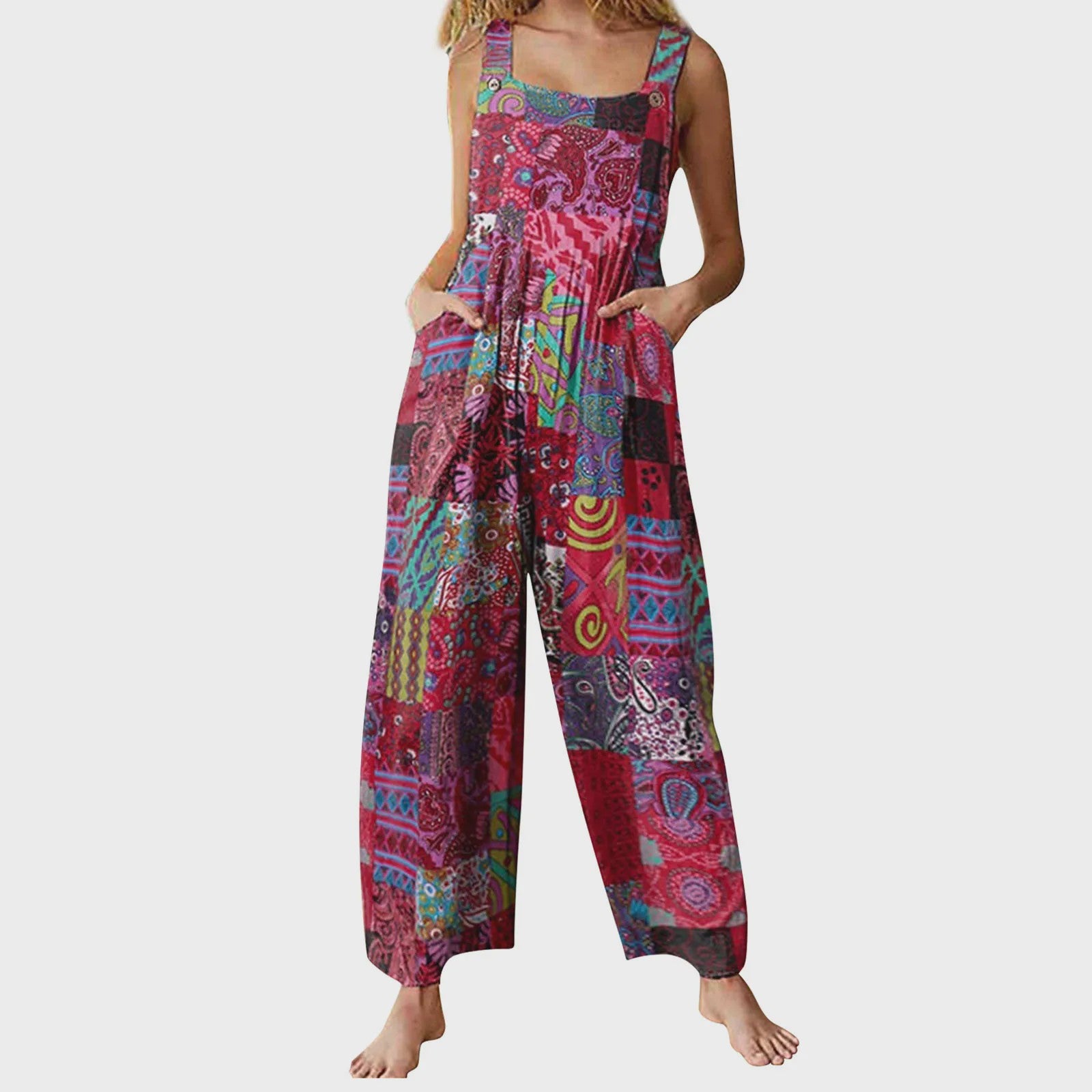 Zomerse Dames Jumpsuit met Etnische Print, Vierkante Hals en Zakken