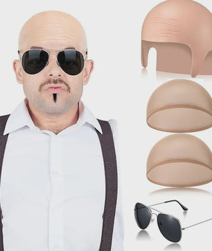 Set van 4 Kale Hoofd Pruikenkapjes & Accessoires voor Cosplay en Feest