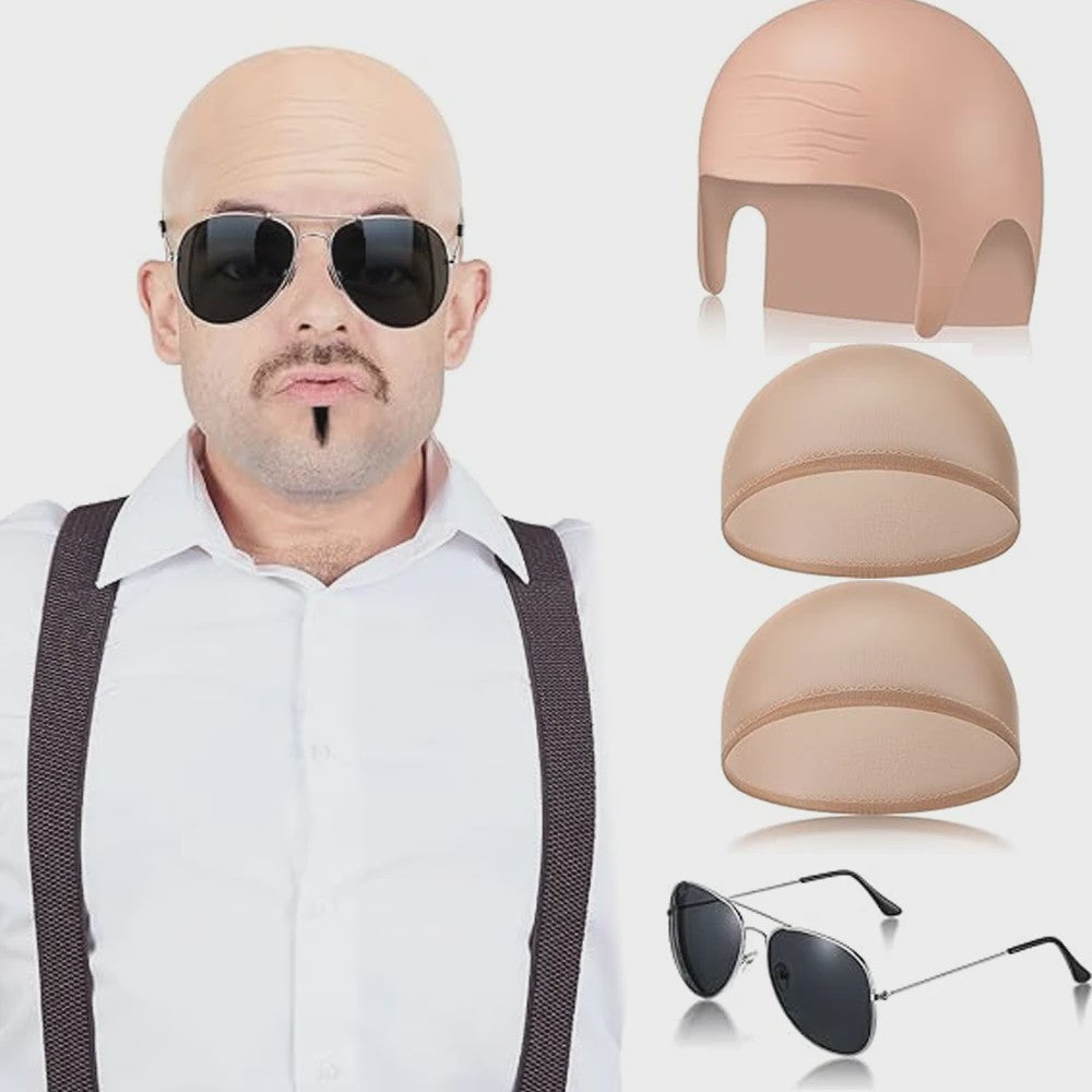 Set van 4 Kale Hoofd Pruikenkapjes & Accessoires voor Cosplay en Feest