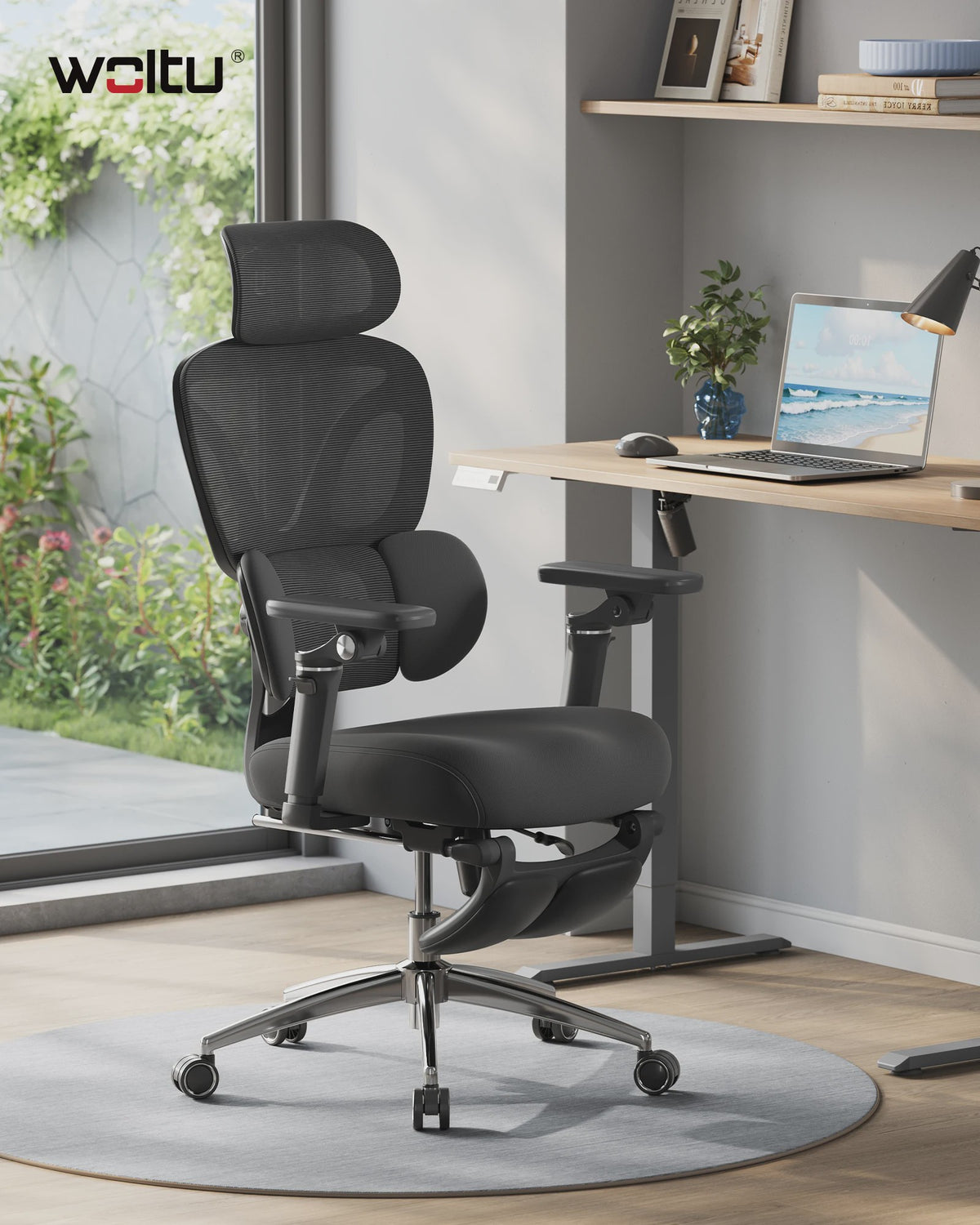 Ergonomische bureaustoel met 3D hoofdsteun, 6D armsteunen en verstelbare diepte