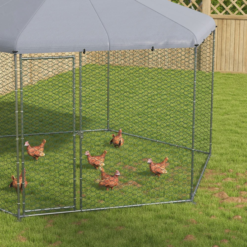Grote Stalen Kippenhok Buiten met Dak - 400x346x263cm - Grijs - Ruim voor 10-15 Kippen & Kleine Dieren