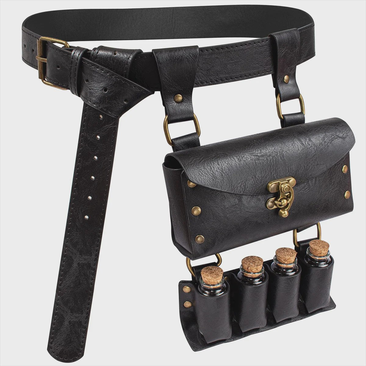 Middeleeuwse Lederen Riem met Flesjeshouder en Portemonnee - Cosplay & LARP Accessoire