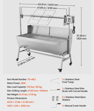 Professionele Rotisserie BBQ Spit 47.95 inch - Elektrische Draaier voor Varken, Lam & Meer (132 LBS)