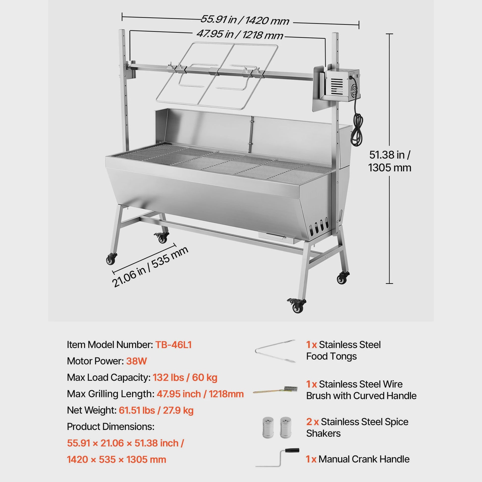 Professionele Rotisserie BBQ Spit 47.95 inch - Elektrische Draaier voor Varken, Lam & Meer (132 LBS)