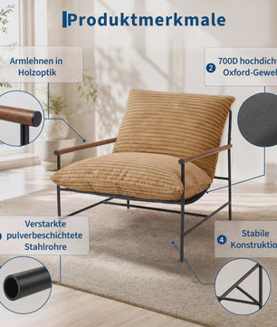 Oversized Corduroy Fauteuil - 70cm Breed - Luxe Lounge Stoel met Metalen Frame - 180kg Draagvermogen