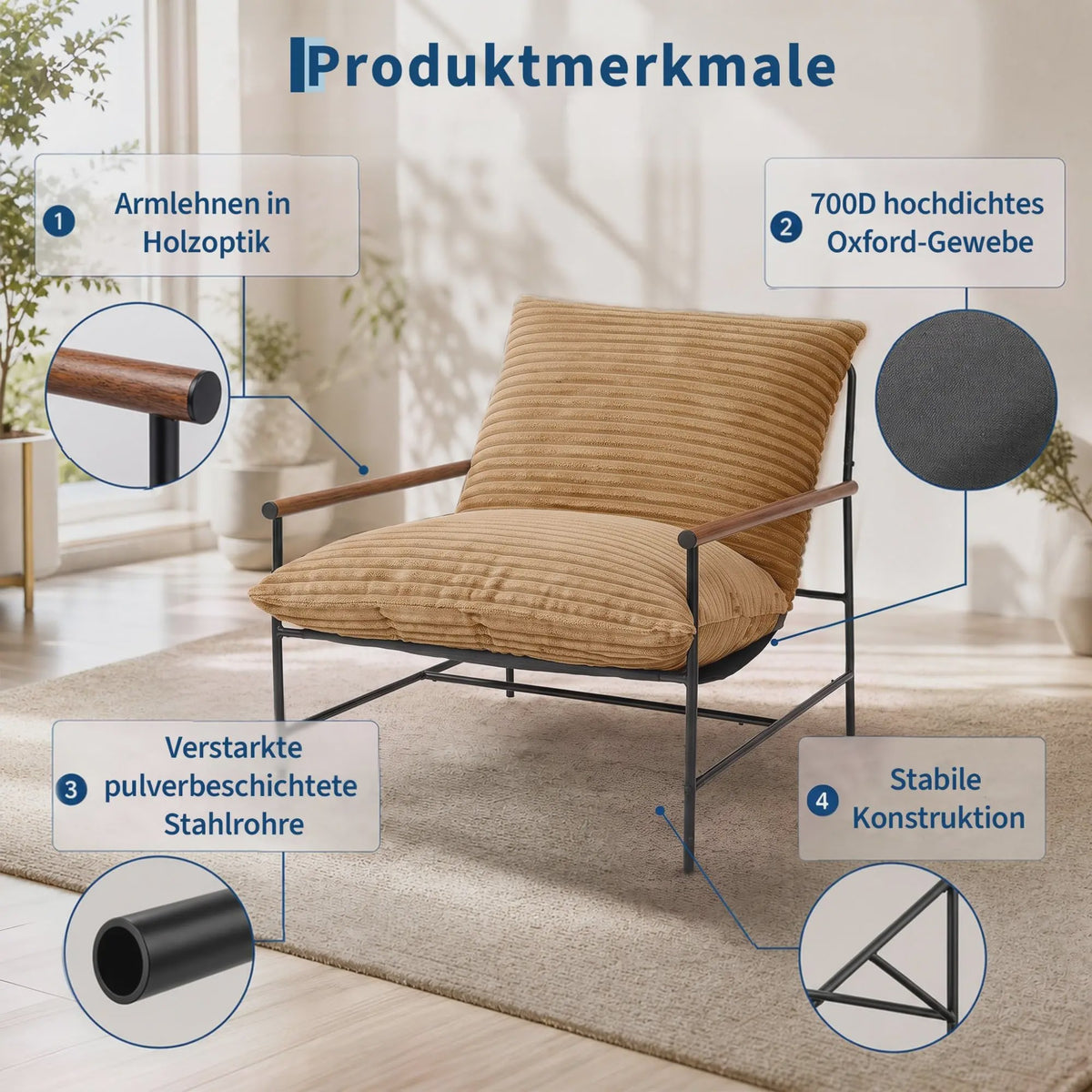 Oversized Corduroy Fauteuil - 70cm Breed - Luxe Lounge Stoel met Metalen Frame - 180kg Draagvermogen