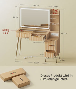 WOLTU Kaptafel met Groot LED Spiegel, Verstelbare Verlichting, Make-up Tafel met Lades en Stopcontact