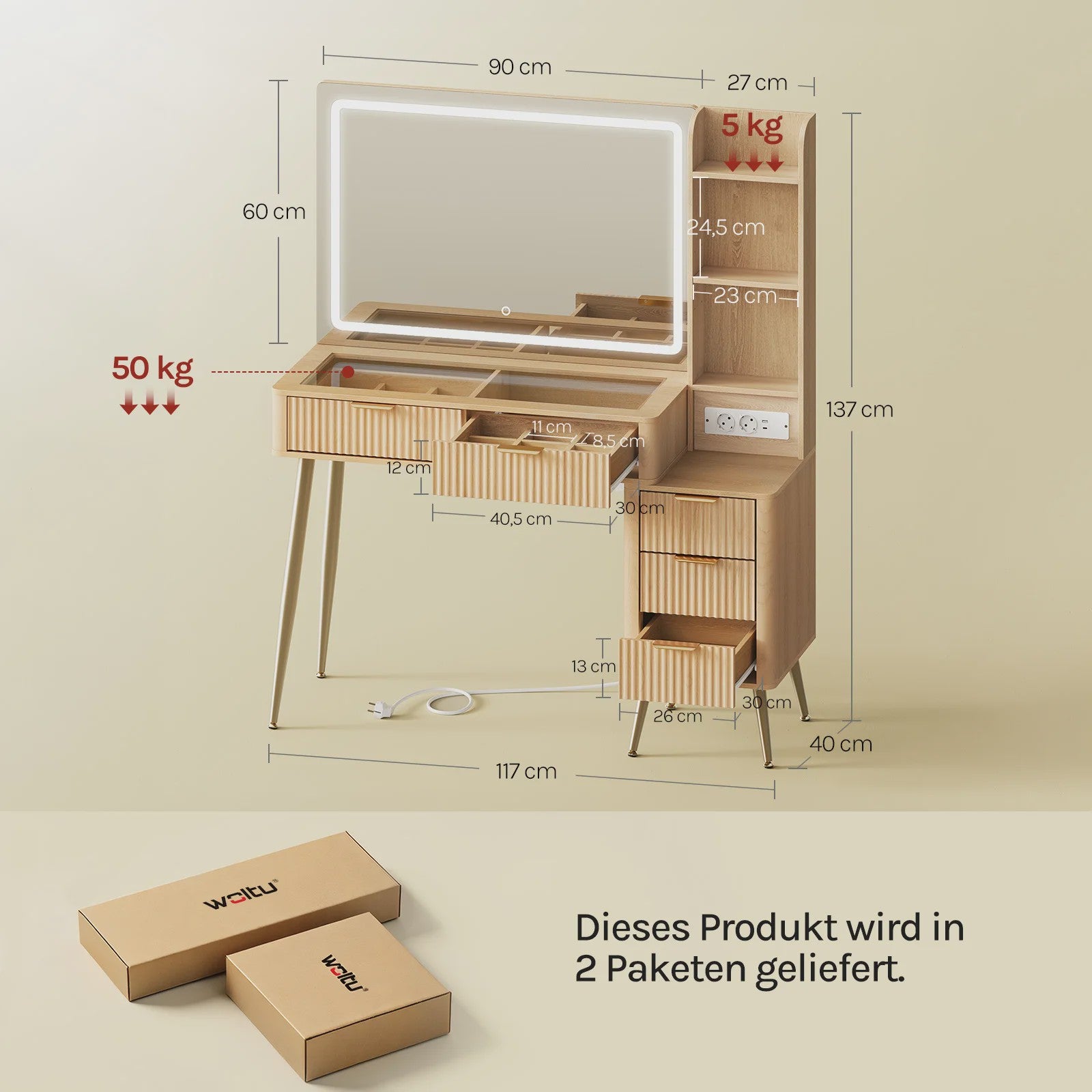 WOLTU Kaptafel met Groot LED Spiegel, Verstelbare Verlichting, Make-up Tafel met Lades en Stopcontact