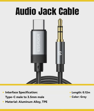 Essager USB-C naar 3.5mm Audio Jack Adapter Kabel - Hoge Kwaliteit Geluid voor Telefoons & Speakers
