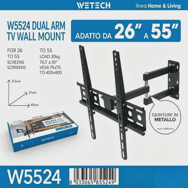 WETECH W5524 TV Muurbeugel - Dubbelarmig, Volledig Verstelbaar voor 26-55 Inch Schermen, 30kg Max, Kantelbaar