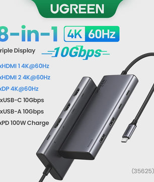 UGREEN 8-in-1 USB-C Hub: Triple 4K Display, 10Gbps, 100W PD - Ideaal voor MacBook & PC