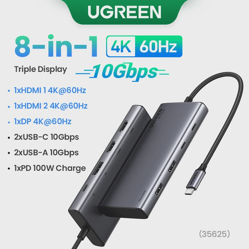 UGREEN 8-in-1 USB-C Hub: Triple 4K Display, 10Gbps, 100W PD - Ideaal voor MacBook & PC