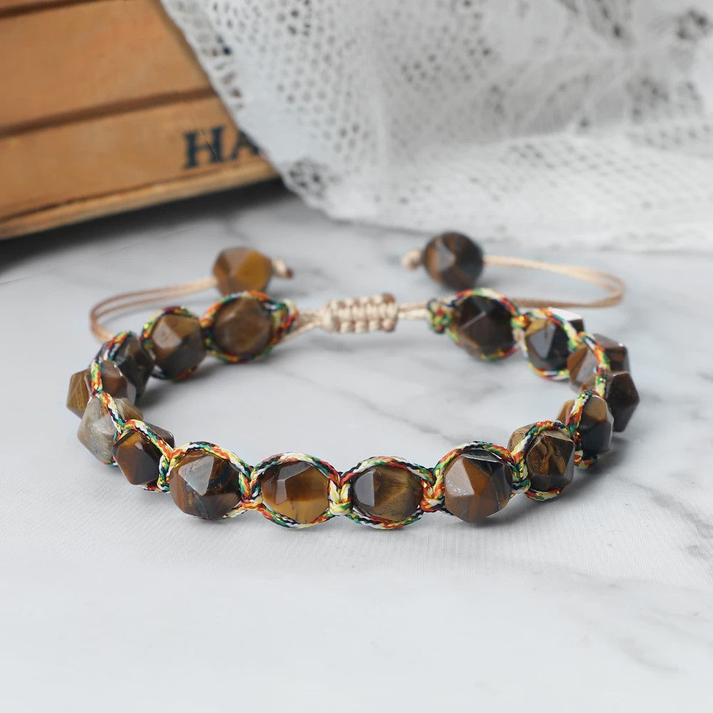Unieke Kralen Armband - Natuurlijke Tijgeroog, Amethist & Rozenkwarts - Verstelbaar