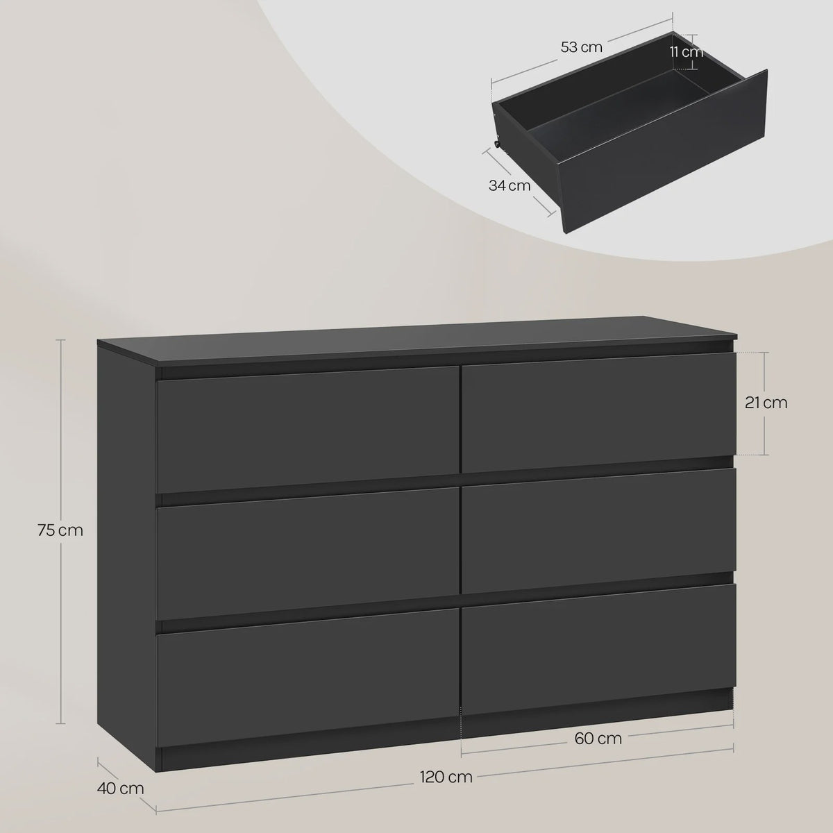 Moderne Commode met 6 Lades - 120x40x75cm - Woonkamer, Slaapkamer, Hal