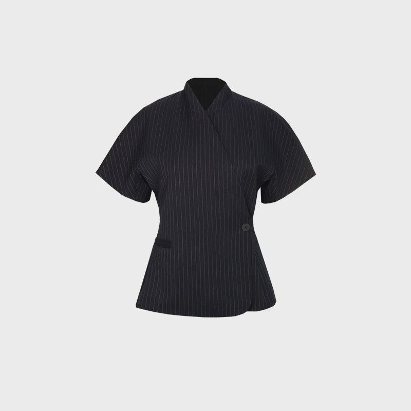 Dames Blazer Top met Korte Mouwen en Peplum Zoom - Elegante V-hals en Omvouwbare Kraag