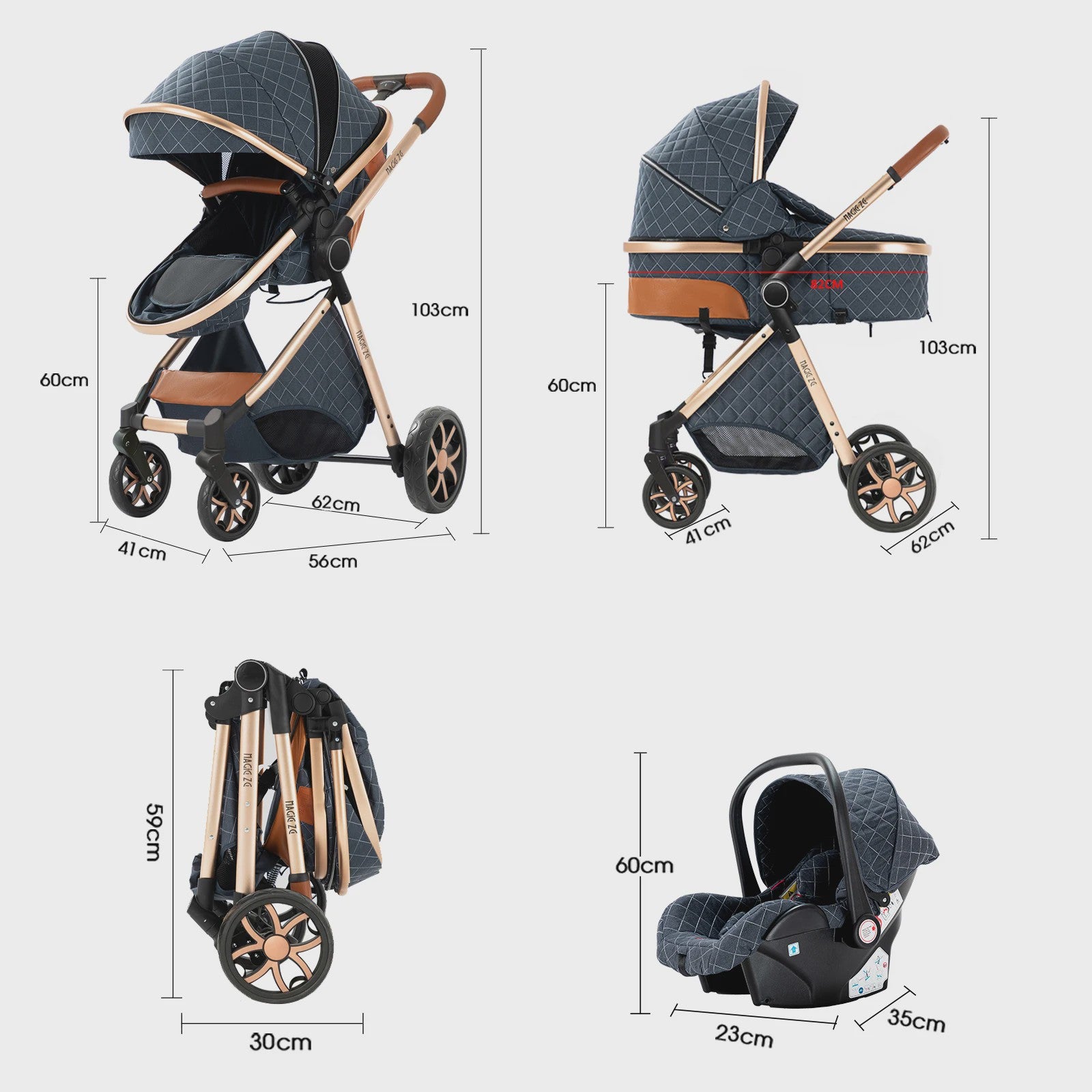 Magic ZC Premium 3-in-1 Baby Reiswieg & Kinderwagen Set - Luxe Beige, Compact, Inclusief Autostoel & Draagmand, Geschikt Vanaf Geboorte