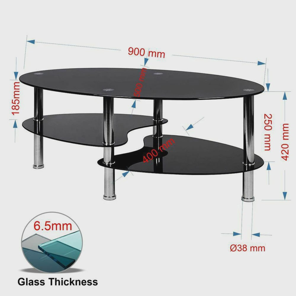 Ovale Glazen Koffietafel met 2 Niveaus - 90x50x45cm - Stijlvol en Modern