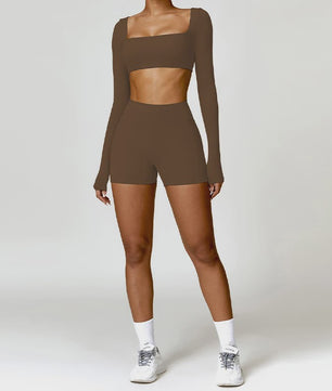 Dames Yoga Set 2-Delig: Sneldrogend Sportpak met Lange Mouwen Top en Hoge Taille Shorts