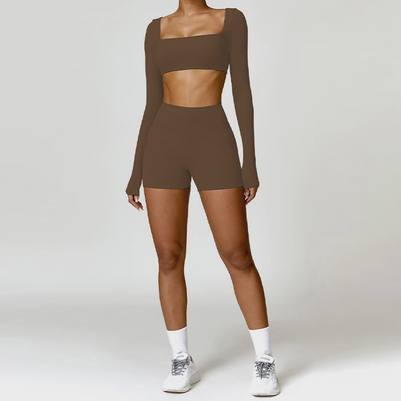 Dames Yoga Set 2-Delig: Sneldrogend Sportpak met Lange Mouwen Top en Hoge Taille Shorts