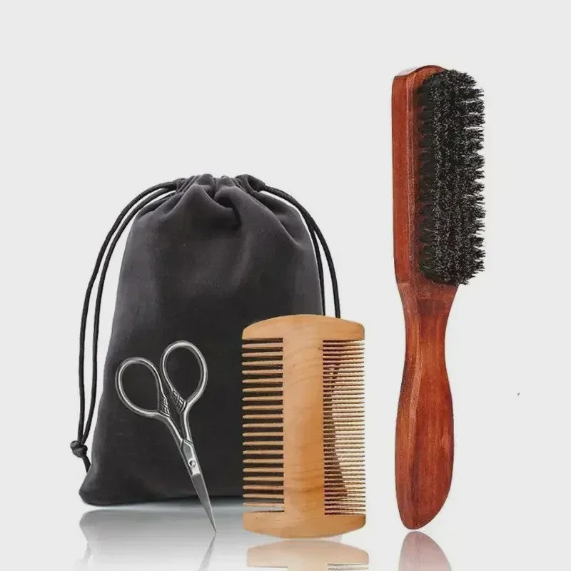 Professionele Baardborstel en Kam Set met Gift Bag - Zacht Varkenshaar & Hout
