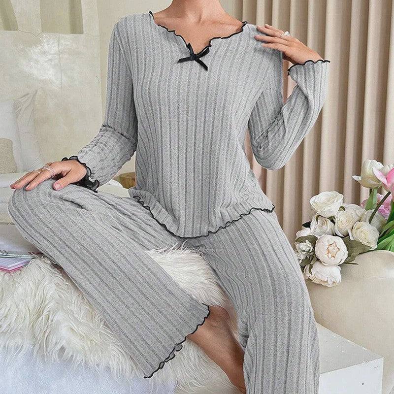 Dames Pyjama Set Ribbel Gebreid met Strikje en Volantrand - Comfortabele Loungewear