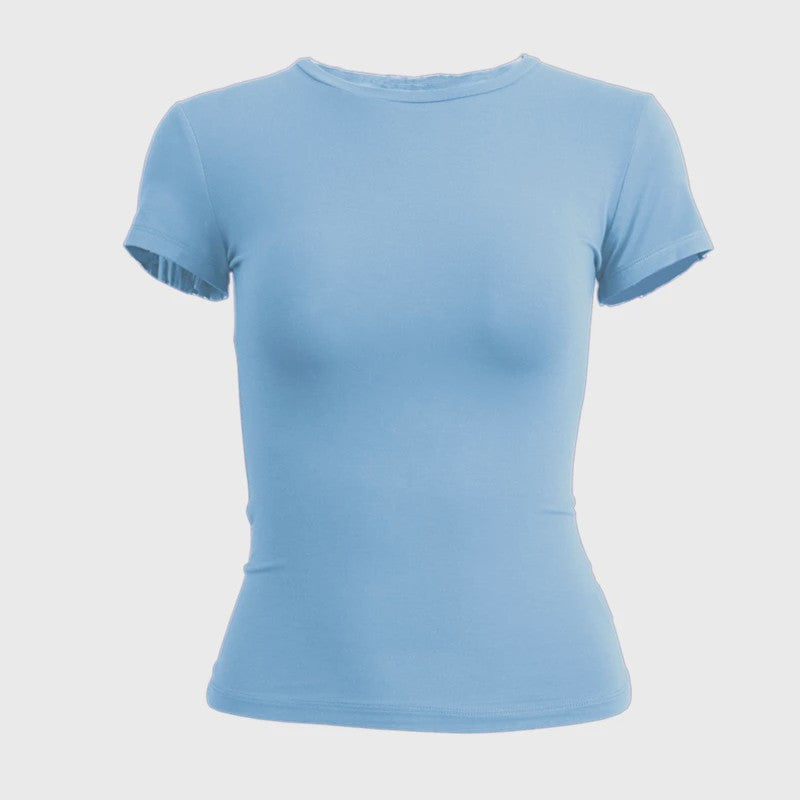 Dames Slim Fit Gebreid T-shirt met Ronde Hals - Korte Mouwen