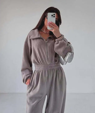 Dames Jumpsuit met Lange Mouwen en Elastische Taille - Casual & Elegant