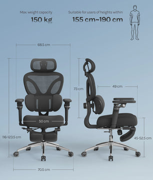 Ergonomische bureaustoel met 3D hoofdsteun, 6D armsteunen en verstelbare diepte