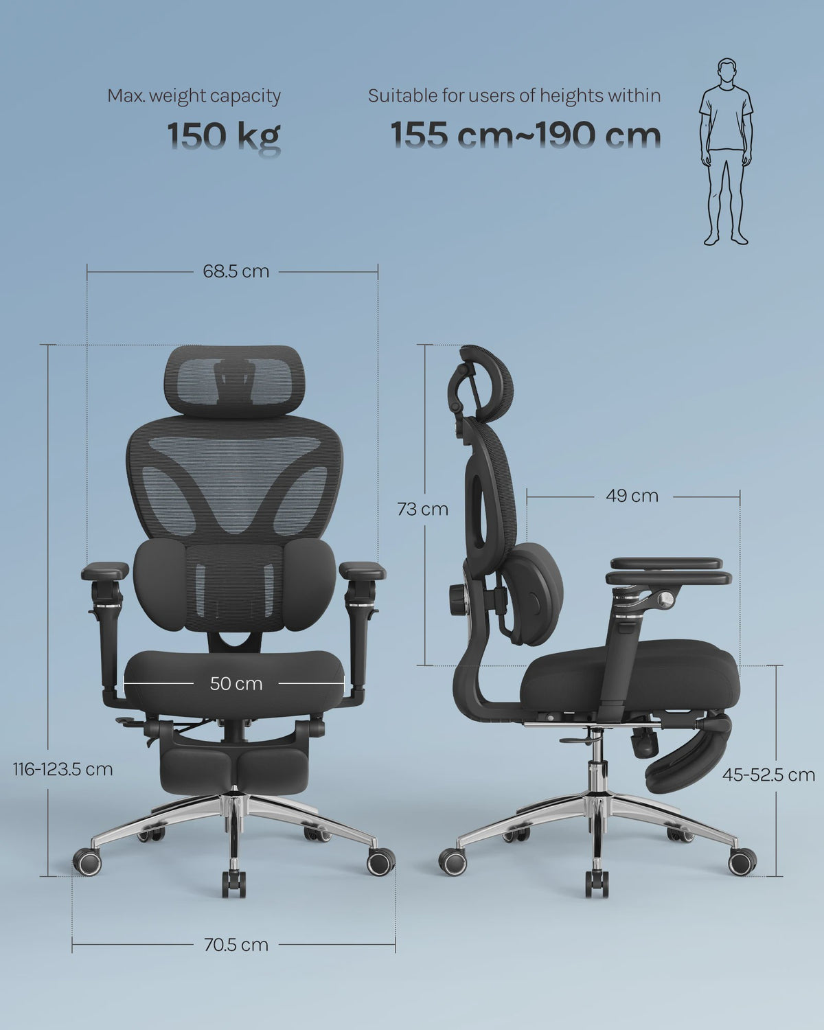 Ergonomische bureaustoel met 3D hoofdsteun, 6D armsteunen en verstelbare diepte