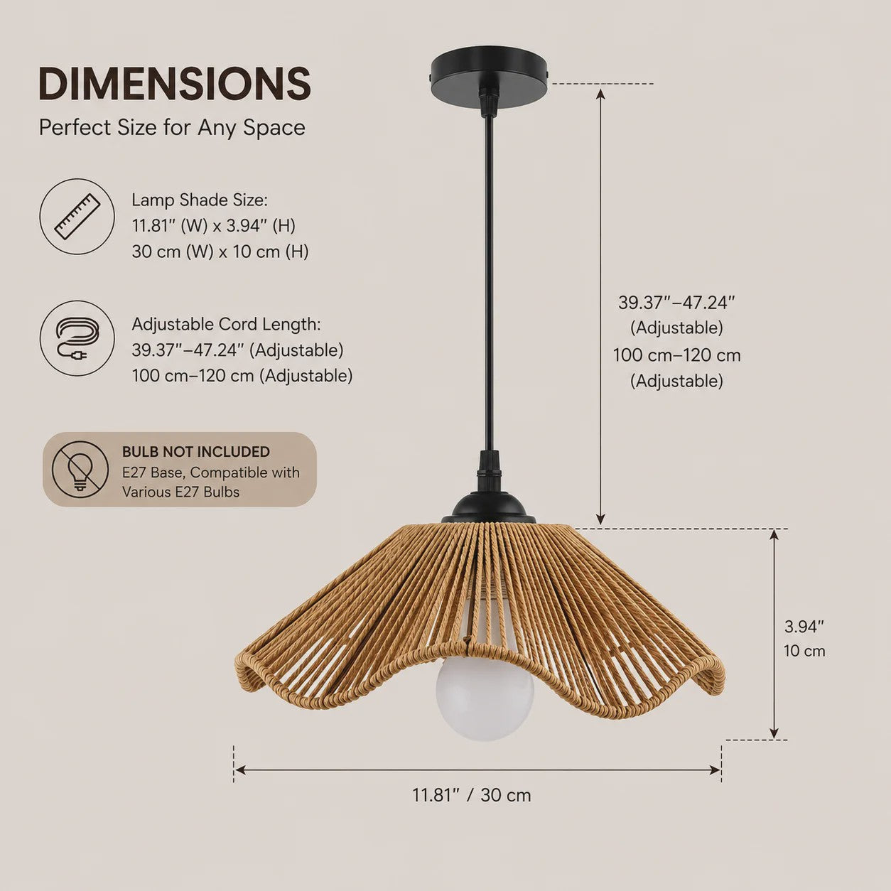 Hanglamp Gevlochten Hennep Touw met E27 Fitting - 1.2m Verstelbaar - Sfeervolle Decoratie