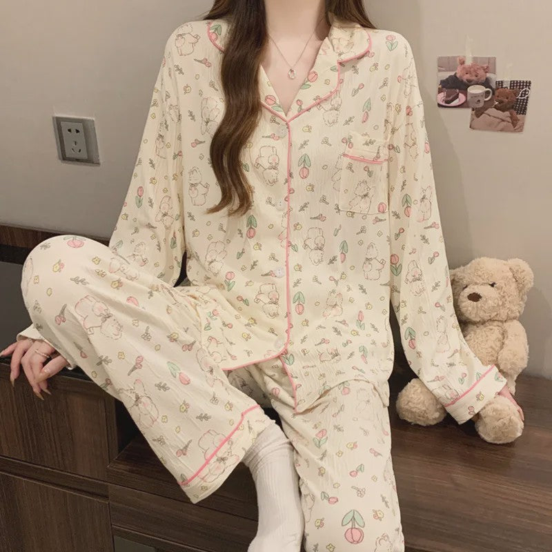 Dames Pyjama Set met Hartjesprint - Comfortabele Loungewear voor Lente & Herfst