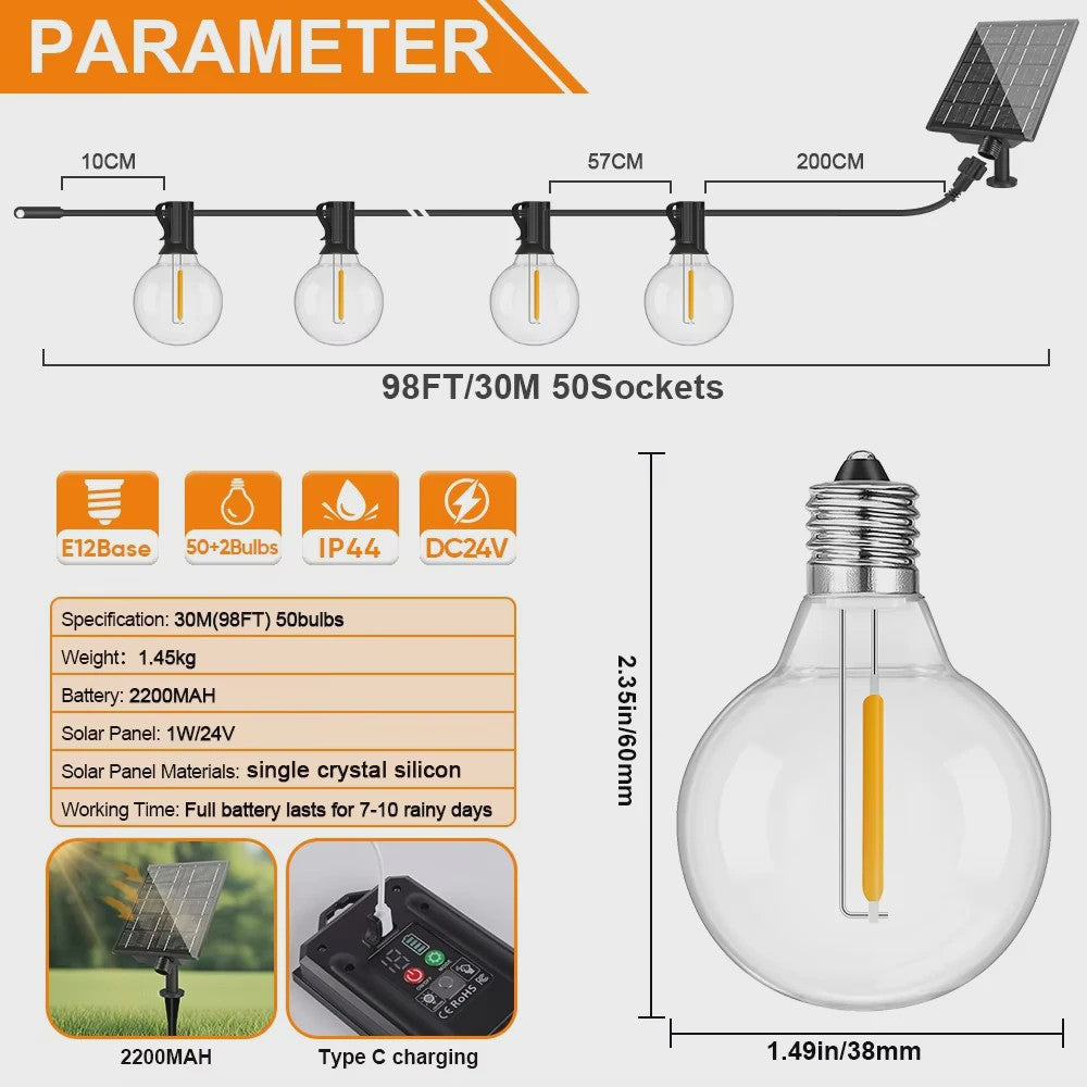 G40 Solar Tuinslinger met 25 Globe LED Lampen - Waterdicht & Dimbare Verlichting