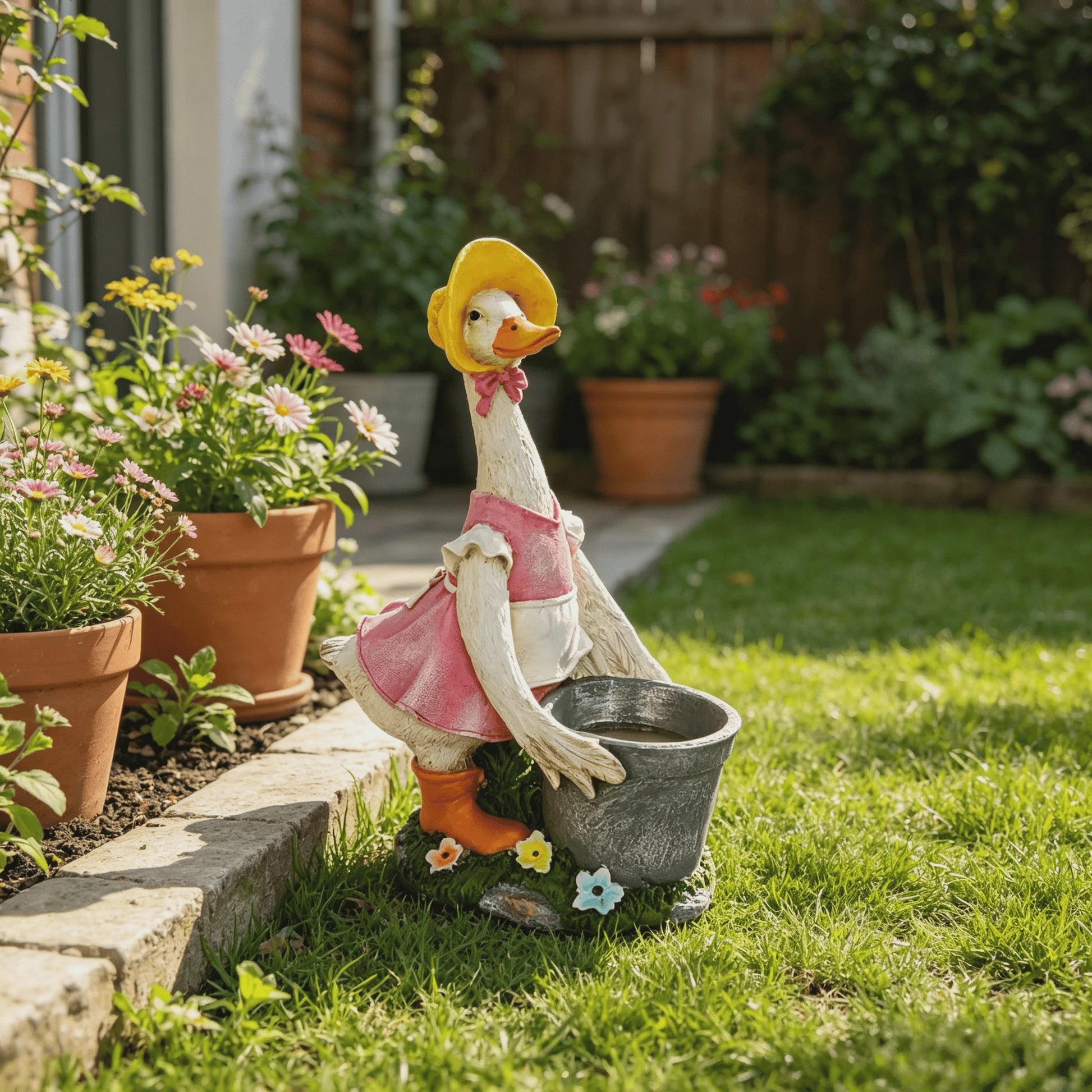 Vrolijke Cartoon Eend Tuinbeeld met Planter - 36.5 cm Hars Ornament