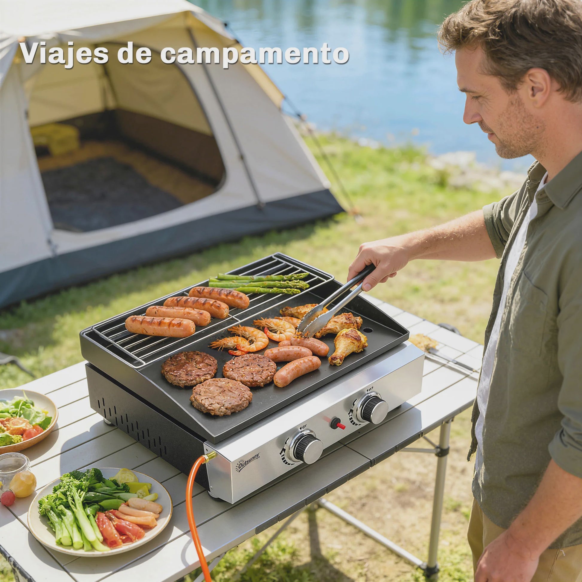 Outsunny Gas BBQ met 2 Branders, Grillplaat, Warmhoudrek en Vetopvangbak - Draagbaar