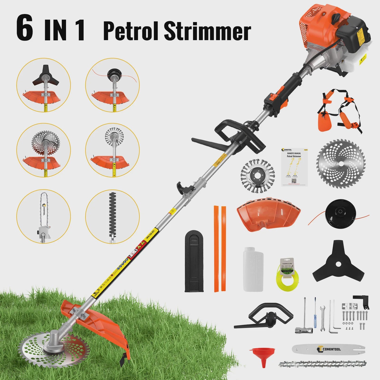 Conentool 5-in-1 Benzine Bosmaaier 52CC 11000 RPM - Grasmaaier, Heggenschaar, Kettingzaag