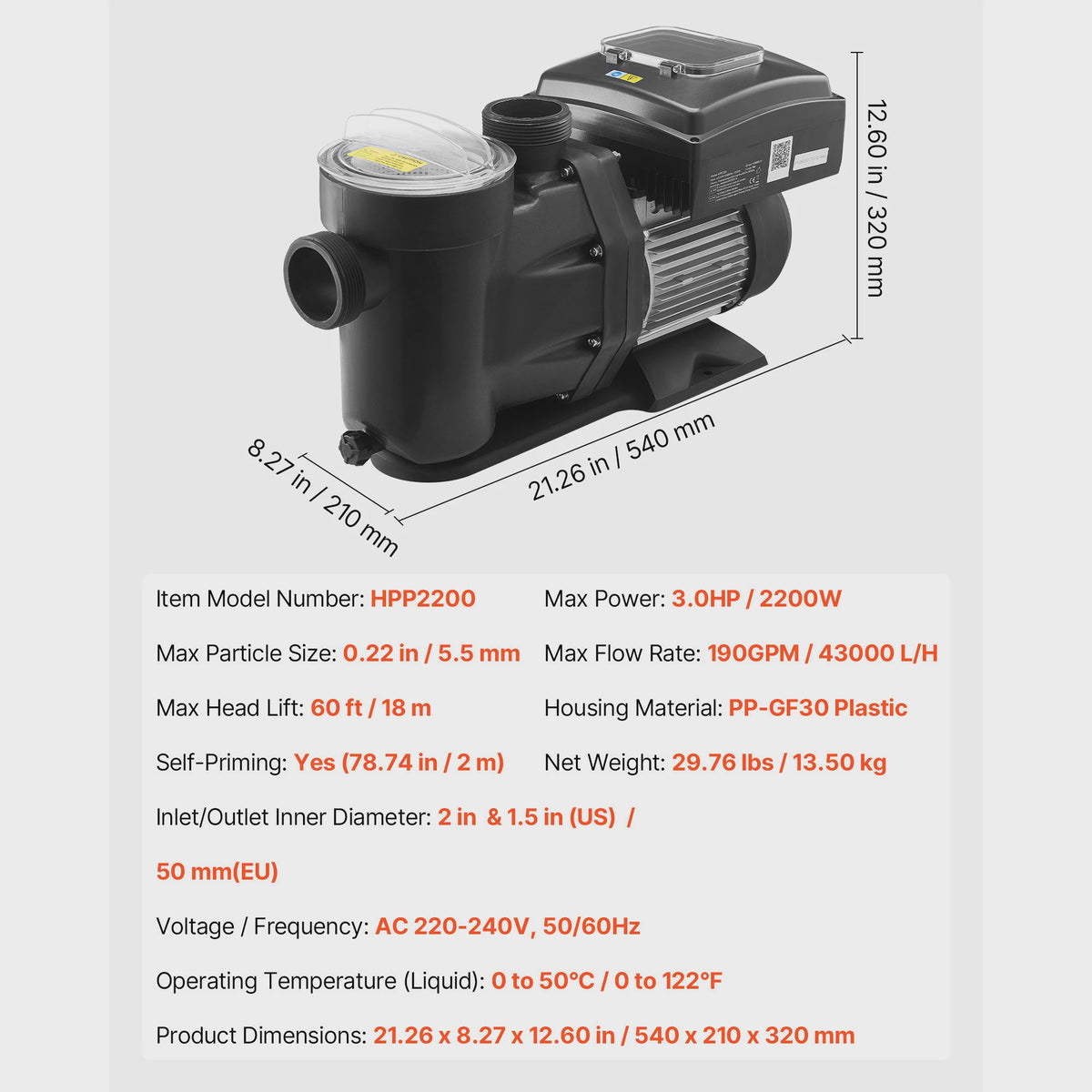 Variabele Snelheid Zwembadpomp met Filtermand en Timer - 1.5/2/3 PK