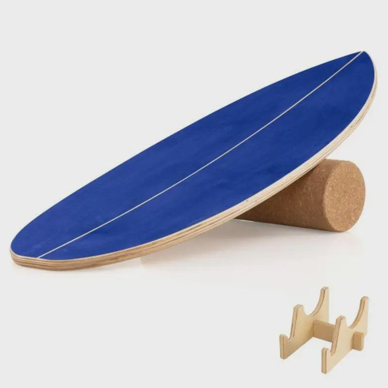 Houten Balance Board Trainer met Kurken Roller & Opbergrek - Blauw