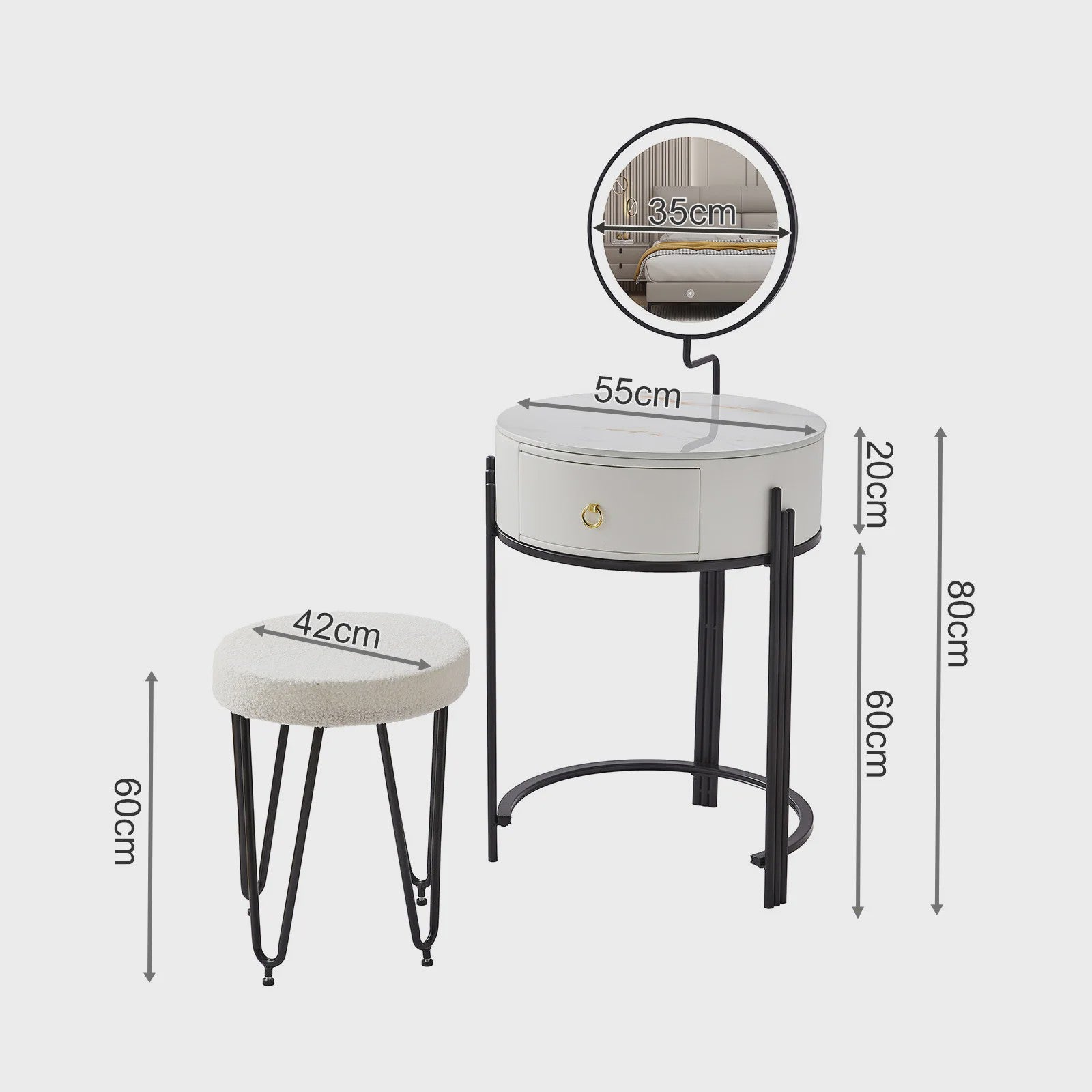 Kaptafel met LED Verlichting, Spiegel, Lade en Kruk - Modern Design