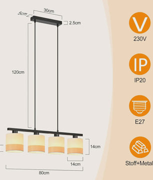 Vintage Hanglamp 4-Lichts E27 Stof met Verstelbare Hoogte voor Eetkamer, Woonkamer of Keuken