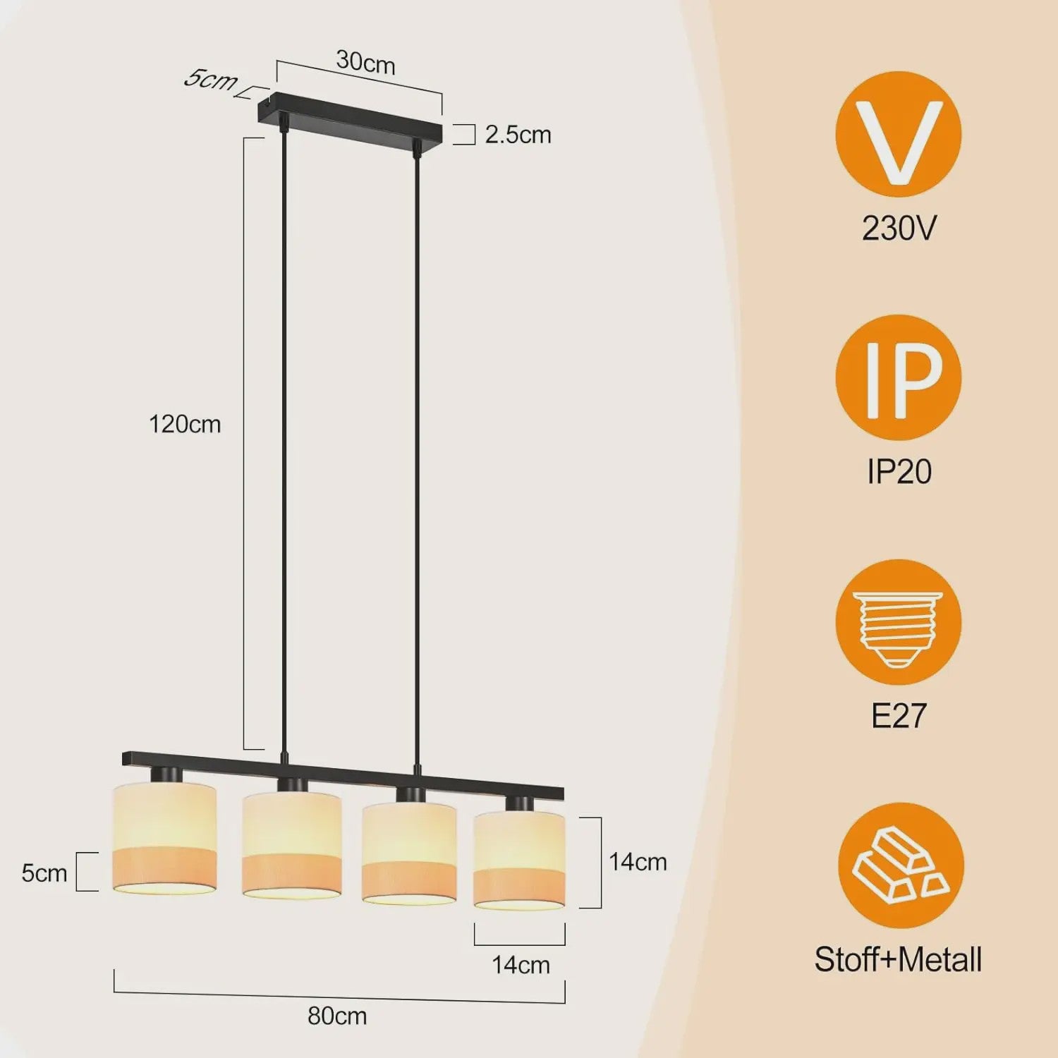 Vintage Hanglamp 4-Lichts E27 Stof met Verstelbare Hoogte voor Eetkamer, Woonkamer of Keuken
