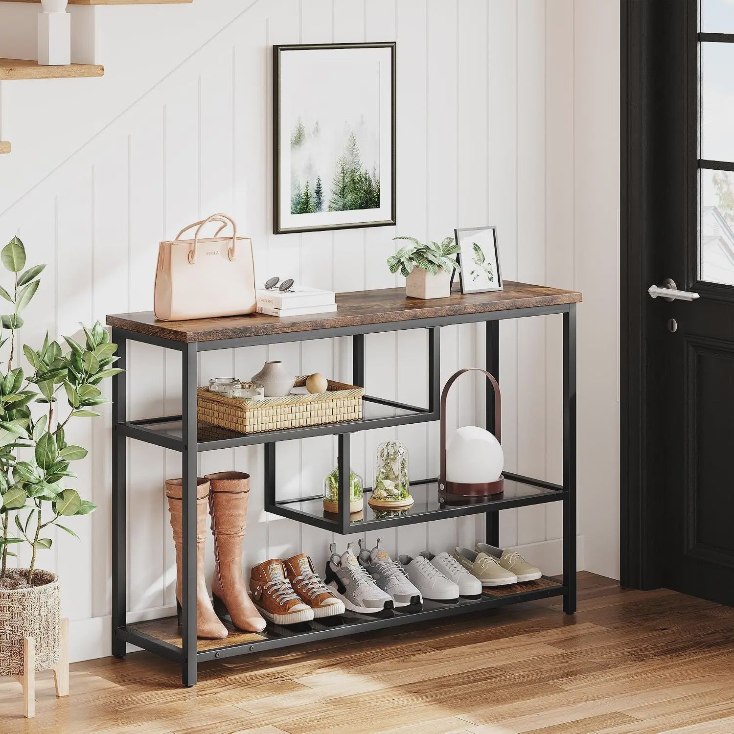 Industriële Vintage Console Tafel met 4 Niveaus en Glazen Bladen